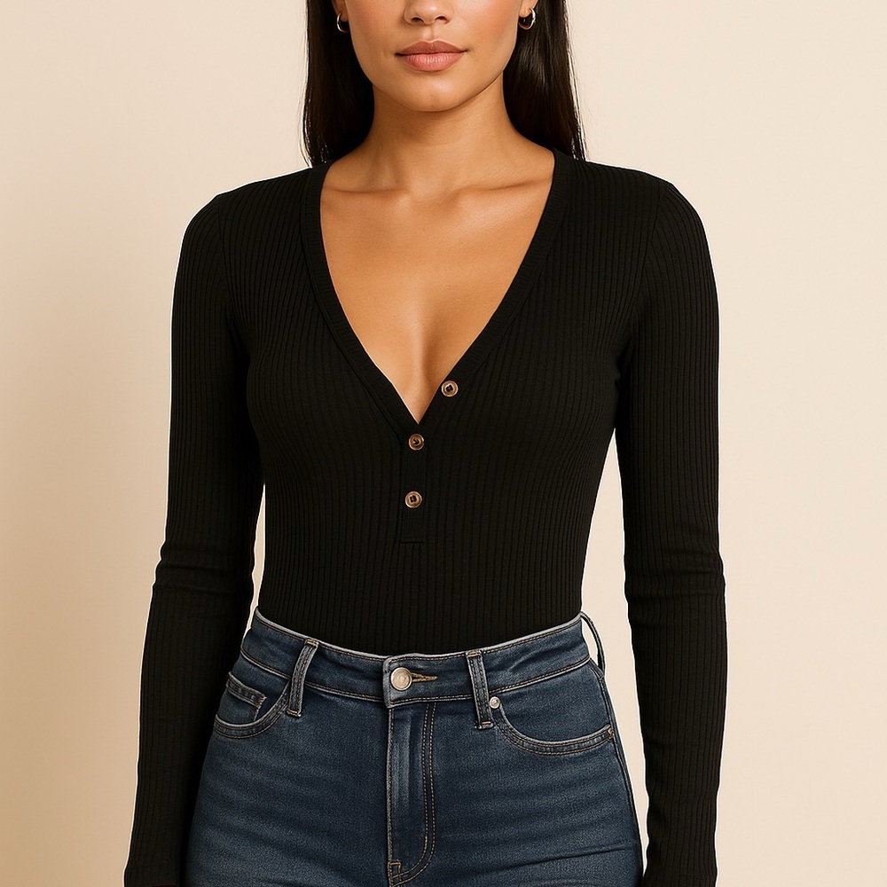 Elegant Black V-Neck Buttoned Bodysuit